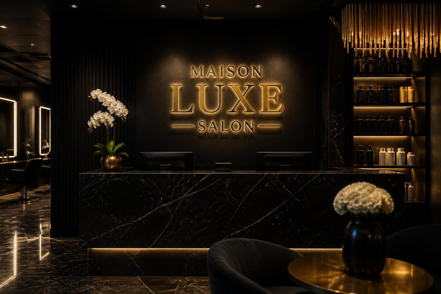 Maison Lumière resepsiyonu, siyah mermer tezgâh ve altın ışıklı tabela