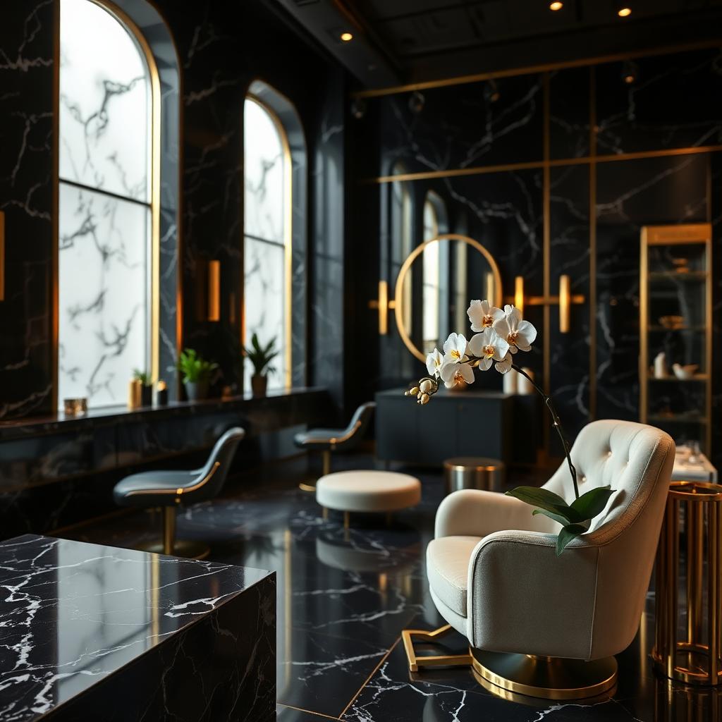 Siyah mermer ve altın detaylı lüks salon lounge alanı